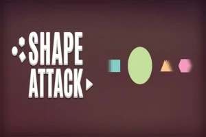 Tekst SHAPE ATTACK ved siden av geometriske figurer i forskjellige farger på mørk bakgrunn