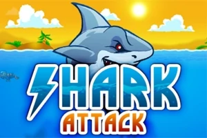 Havoverflate med en stor hai som dukker opp i midten, omgitt av en solfylt himmel og palmer i bakgrunnen, med teksten Shark Attack nederst
