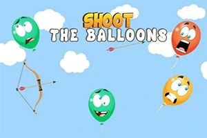 Bilde med tegneserieballonger med ansiktsuttrykk, en pil og bue, samt teksten Shoot the Balloons på en blå himmel med skyer