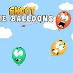 Bilde med tegneserieballonger med ansiktsuttrykk, en pil og bue, samt teksten Shoot the Balloons på en blå himmel med skyer