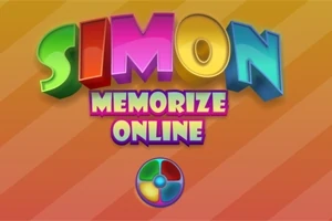 Fargerik tekst med ordene SIMON MEMORIZE ONLINE på en stripete bakgrunn, med en sirkel i forskjellige farger nederst