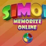 Fargerik tekst med ordene SIMON MEMORIZE ONLINE på en stripete bakgrunn, med en sirkel i forskjellige farger nederst