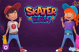 To an animasjon av en gutt og en jente som holder skateboards står foran teksten Skater Rush på en lilla bakgrunn