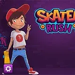 To an animasjon av en gutt og en jente som holder skateboards står foran teksten Skater Rush på en lilla bakgrunn