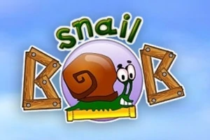 En tegnet snegle med et stort, brunt skall og store øyne er omgitt av teksten Snail Bob på en blå bakgrunn