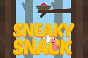 Store gule bokstaver som skriver SNEAKY SNACK med et rosa, smilende insekt som titter rundt bokstaven A og en fugl i et rede på en grein i bakgrunnen