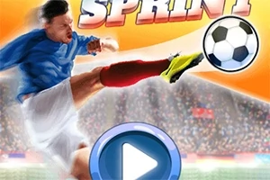 Fotballspiller i blå trøye sparker en ball med ordet SPRINT i bakgrunnen og en stor play-knapp i forgrunnen
