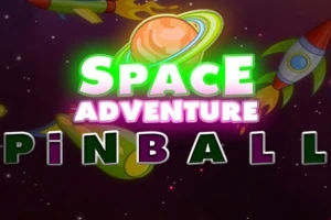 Fargerik illustrasjon av et romtema med planeter og raketter, samt teksten Space Adventure Pinball