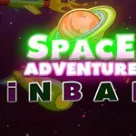 Fargerik illustrasjon av et romtema med planeter og raketter, samt teksten Space Adventure Pinball