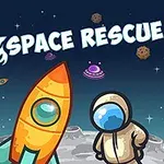 Tegneserieaktig illustrasjon av en astronautfigur ved siden av en rakett på en månelignende overflate med små planeter og meteorer i bakgrunnen