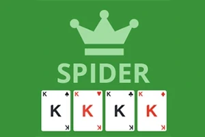 Grønn bakgrunn med en krone, ordet SPIDER, og fire konger fra en kortstokk