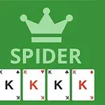 Grønn bakgrunn med en krone, ordet SPIDER, og fire konger fra en kortstokk