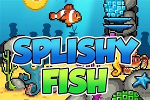 Fargerik undervannsscene med en klovnefisk, tang, blå sjøstjerner, og koraller, med teksten Splishy Fish i midten
