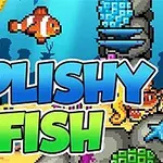 Fargerik undervannsscene med en klovnefisk, tang, blå sjøstjerner, og koraller, med teksten Splishy Fish i midten