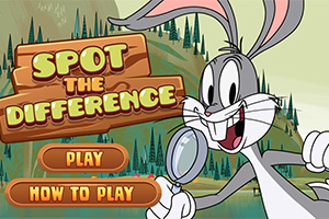 En tegneseriekanin holder et forstørrelsesglass ved siden av teksten Spot the Difference med knappene Play og How to Play foran en skogbakgrunn