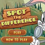 En tegneseriekanin holder et forstørrelsesglass ved siden av teksten Spot the Difference med knappene Play og How to Play foran en skogbakgrunn