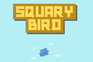 Tittel i store blokkbokstaver SQUARY BIRD på brun bakgrunn over en blå firkantet fugl med spredte vinger