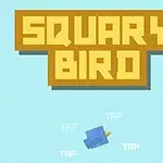 Tittel i store blokkbokstaver SQUARY BIRD på brun bakgrunn over en blå firkantet fugl med spredte vinger