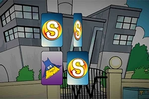 Illustrasjon av fire spillkort med forskjellige symboler foran en bygning med store vinduer og en port