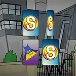 Illustrasjon av fire spillkort med forskjellige symboler foran en bygning med store vinduer og en port