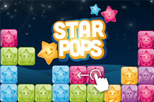 Fargerike stjerner med smilende ansikter er arrangert som blokker mot en stjerneklar nattehimmel med teksten Star Pops i midten
