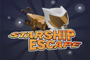 En tegneserielignende skapning med store øyne og et futuristisk hjelm i et stjernespekket rom, med teksten Starship Escape i oransje og hvitt