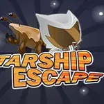 En tegneserielignende skapning med store øyne og et futuristisk hjelm i et stjernespekket rom, med teksten Starship Escape i oransje og hvitt