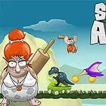 Tegneseriefigur med rød hårtopp og klubbe står ved siden av en liten dinosaur med mynter i en frodig bakgrunn med blå himmel