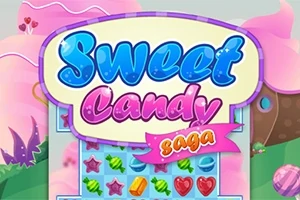 Fargerik grafikk med ordet Sweet Candy Saga over spillbrikker som ligner på godteri, omgitt av lyse rosa og grønne elementer