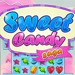 Fargerik grafikk med ordet Sweet Candy Saga over spillbrikker som ligner på godteri, omgitt av lyse rosa og grønne elementer
