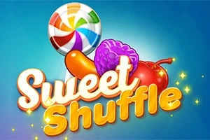 Fargerik godteriillustrasjon med en rund slikkepinne, en lilla bærfrukt, en oransje karamell og en kirsebær, med teksten Sweet Shuffle i foran