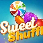 Fargerik godteriillustrasjon med en rund slikkepinne, en lilla bærfrukt, en oransje karamell og en kirsebær, med teksten Sweet Shuffle i foran