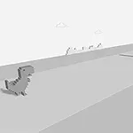 En pikselert dinosaur løper mot en kaktus i et minimalistisk, gråtonet landskap med skyer i bakgrunnen