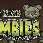 Tegneserieaktige zombiebjørner med røde øyne og teksten Teddy Bear Zombies
