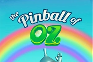 Fargerik regnbue med teksten The Pinball of Oz og deler av en metallhjelm som stikker opp fra bunnen
