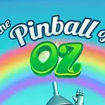 Fargerik regnbue med teksten The Pinball of Oz og deler av en metallhjelm som stikker opp fra bunnen