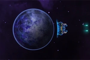 Et romskip nærmer seg en stor, blålig planet i verdensrommet med stjerner i bakgrunnen
