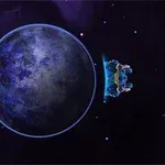 Et romskip nærmer seg en stor, blålig planet i verdensrommet med stjerner i bakgrunnen