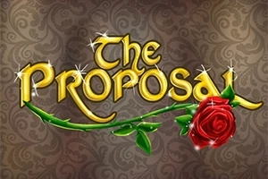 Teksten The Proposal i gyldne bokstaver med en rød rose festet til en grønn stilk, mot en dekorativ brun bakgrunn