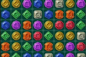 Fargerike og ulikeformede symboler arrangert i et rutenett med grønn bakgrunn