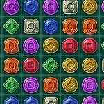 Fargerike og ulikeformede symboler arrangert i et rutenett med grønn bakgrunn
