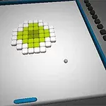 En 3D-illustrasjon med et mønster av grønne og hvite blokker i midten, en ball og en blå rektangel nederst på et flatt grått felt