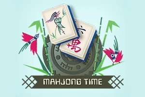 To mahjong-brikker med dekorative symboler over en dekorativ bakgrunn med blomster og teksten Mahjong Time nederst