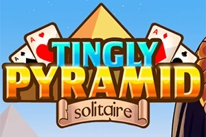 Fargerikt skilt med teksten Tingly Pyramid Solitaire foran et pyramidebilde, med kort og blå himmel i bakgrunnen