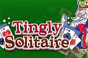 Teksten Tingly Solitaire med spillekort og en tegnet kongefigur på en grønn bakgrunn