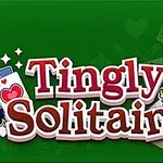 Teksten Tingly Solitaire med spillekort og en tegnet kongefigur på en grønn bakgrunn