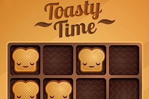 Brun bakgrunn med brødristertema og ordet Toasty Time over en rutenett med toastskiver