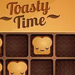 Brun bakgrunn med brødristertema og ordet Toasty Time over en rutenett med toastskiver