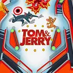 Pinball-brett med figurer av en katt og en mus i midten, omgitt av fargerike elementer og en grønn pil til høyre