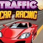 Rødt sportsbil på motorvei med teksten Traffic Car Racing i neonbokstaver over